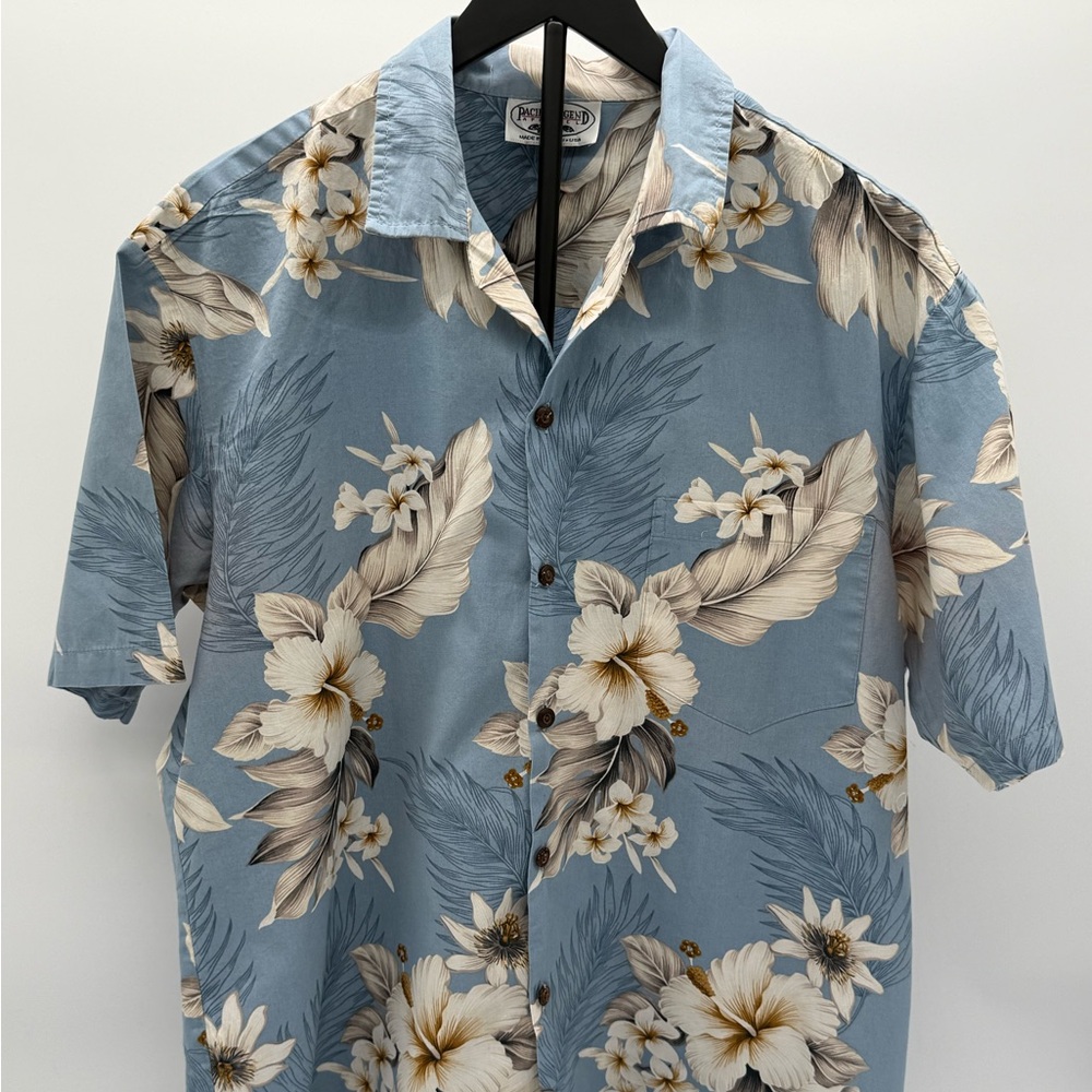 Pacific Legend Mens Hawaiian Shirt Blue‎ Hibiscus Floral Cotton Made in USA L
